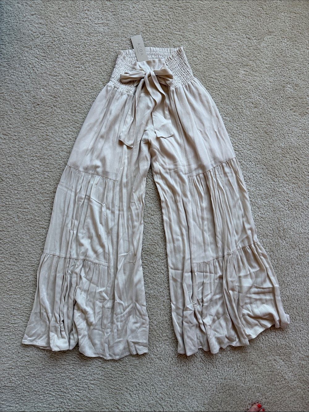 Smocked High-Waist Wide Leg Pants with Tie - Sand